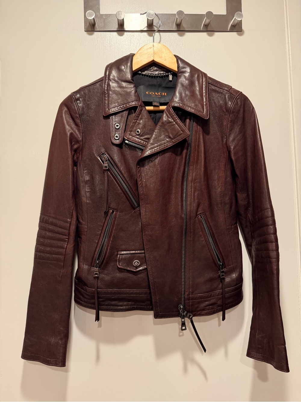 COACH WOMAN Dark Brown Genuine Leather Moto Jacket with Zip Details